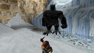 Lara Croft fighting a giant bird man