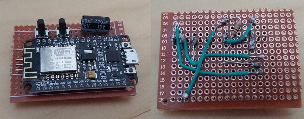 Both sides of a chip board with a ESP8266 soldered to it