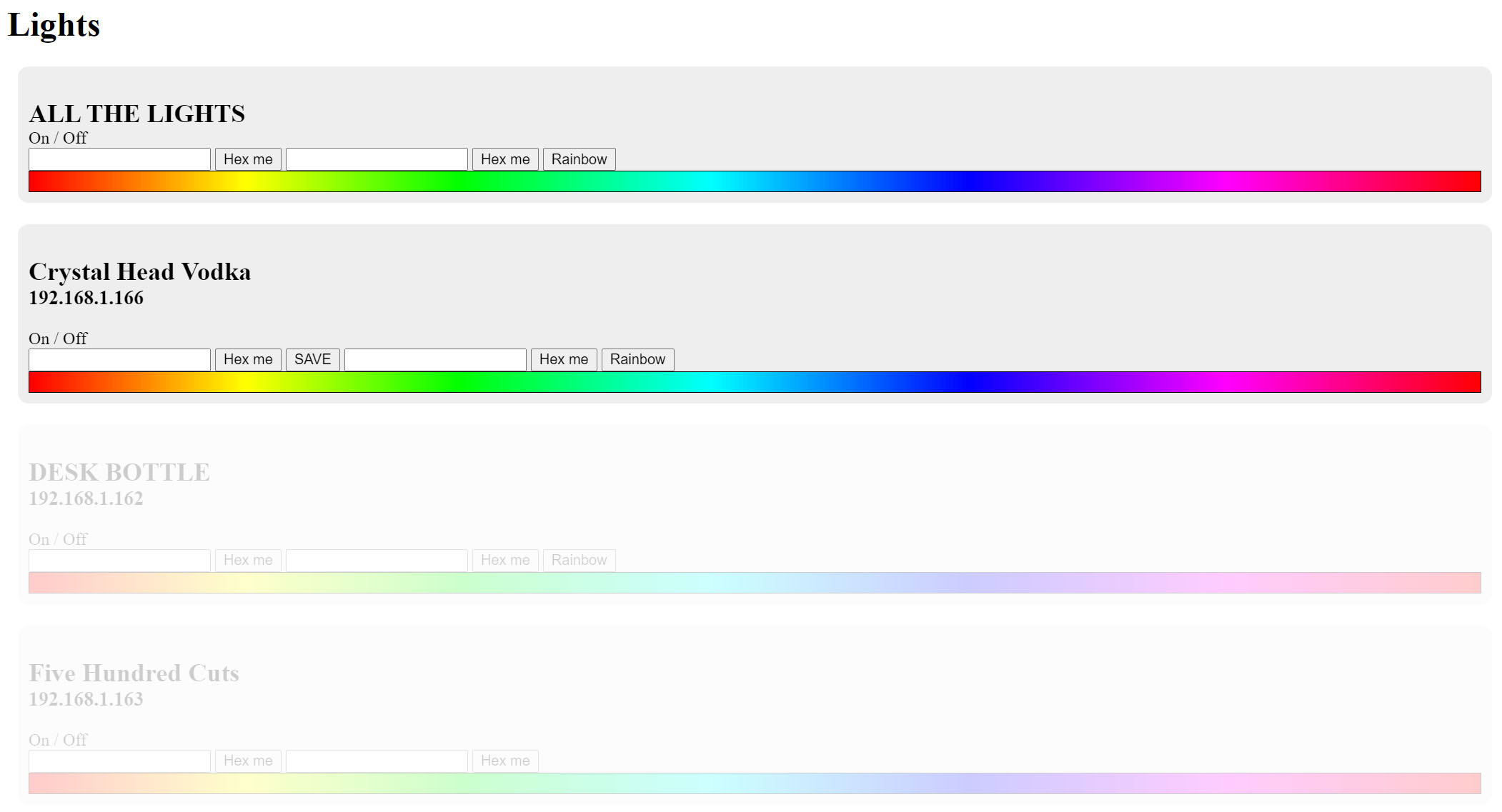 The webpage used to control the bottle lights. There are options to change the colour of the light via hexcode or hue