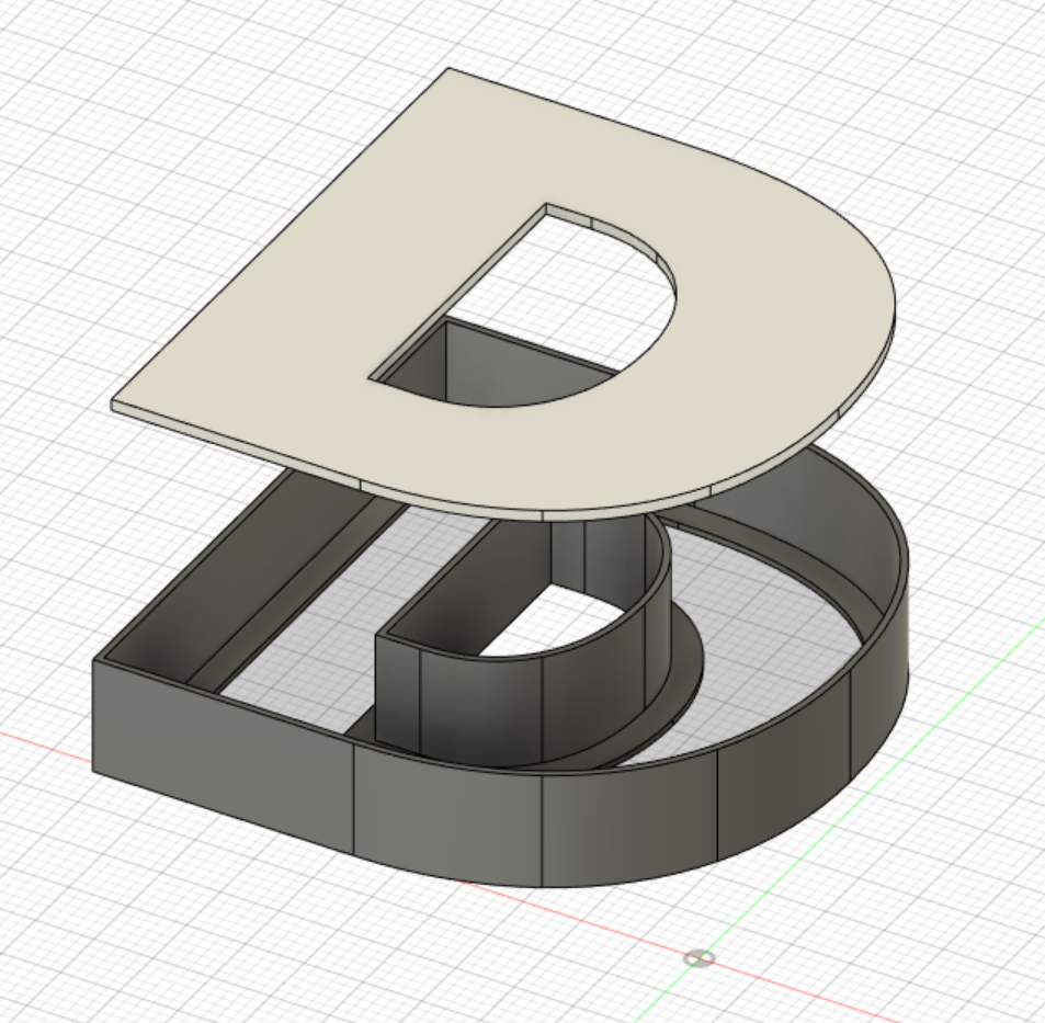 A Fusion 360 screenshot showing two 3D printed parts that make up the letter D