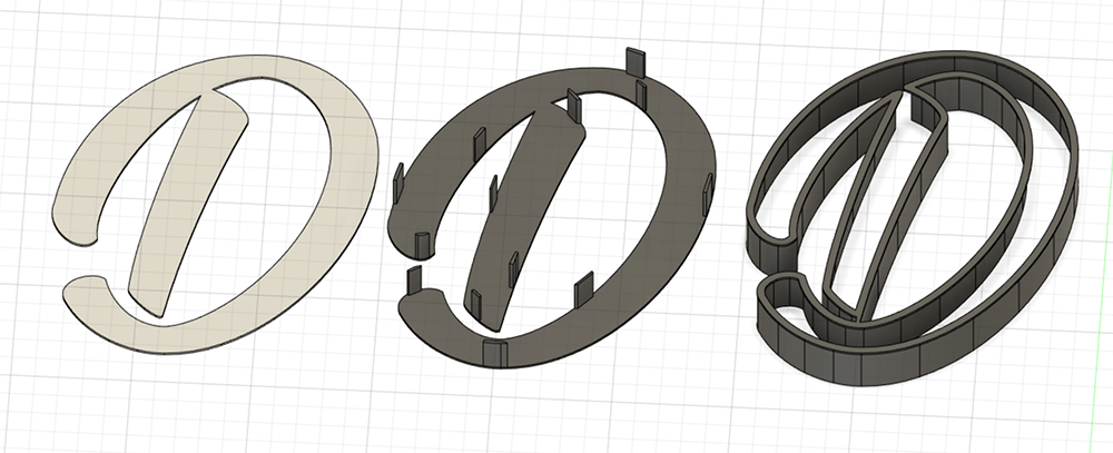 A Fusion 360 screenshot showing the different pieces of a 3D printed D