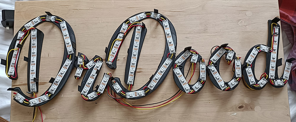 Lots of LED strips spelling out Dr Dood